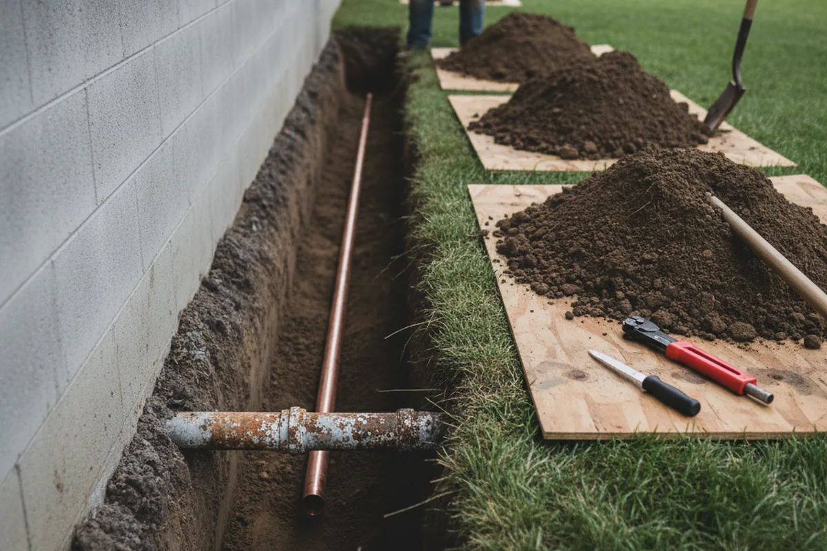 Excavated water line trench during Water Heater Repair in Faxon
